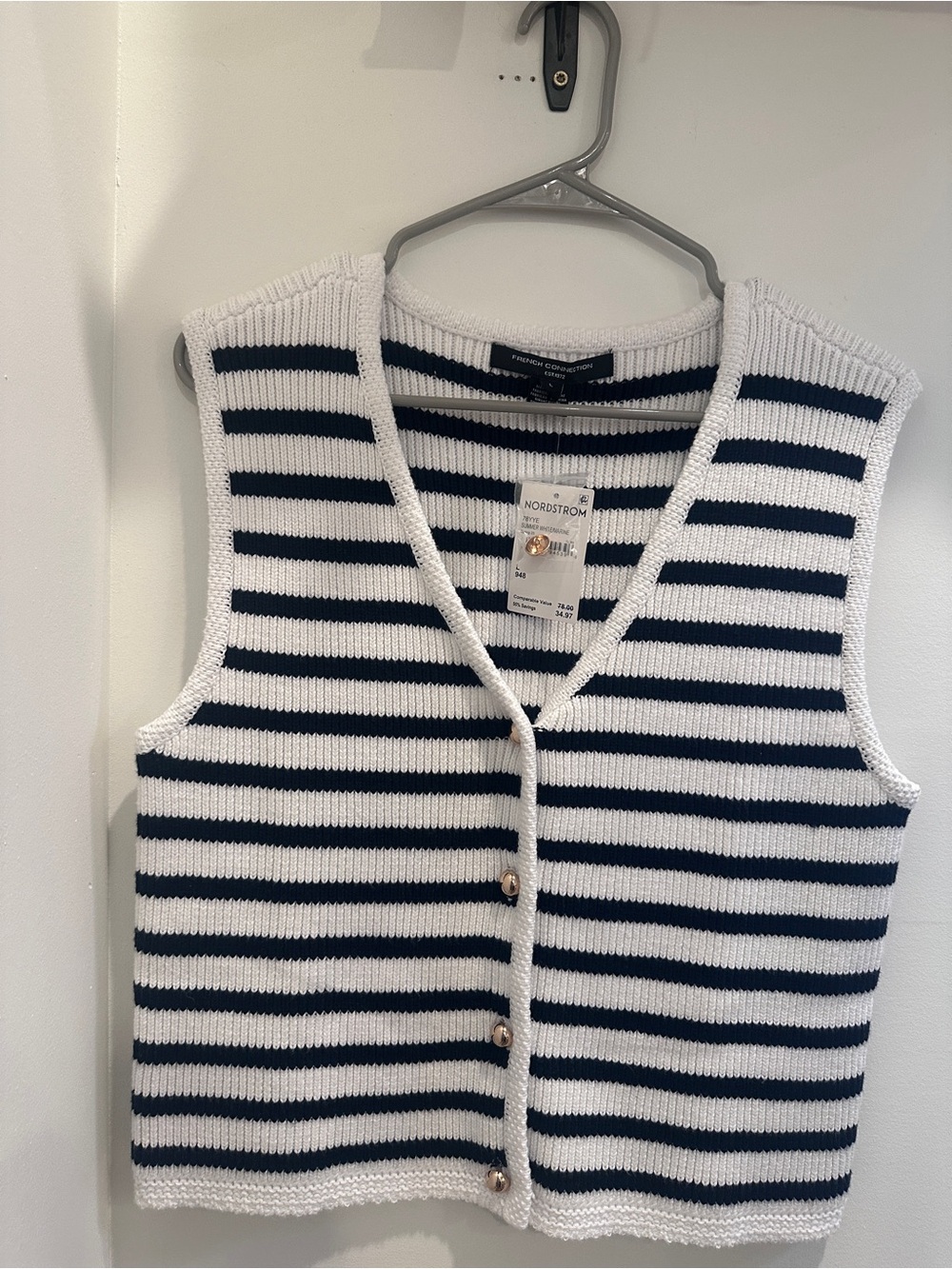 French Connection Navy and White Striped V-Neck Knit Vest